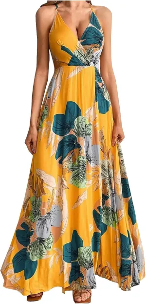 Womens Sexy Spaghetti Straps Maxi Dresses Beach Boho Dress Flowy Vocation Outfits 2025