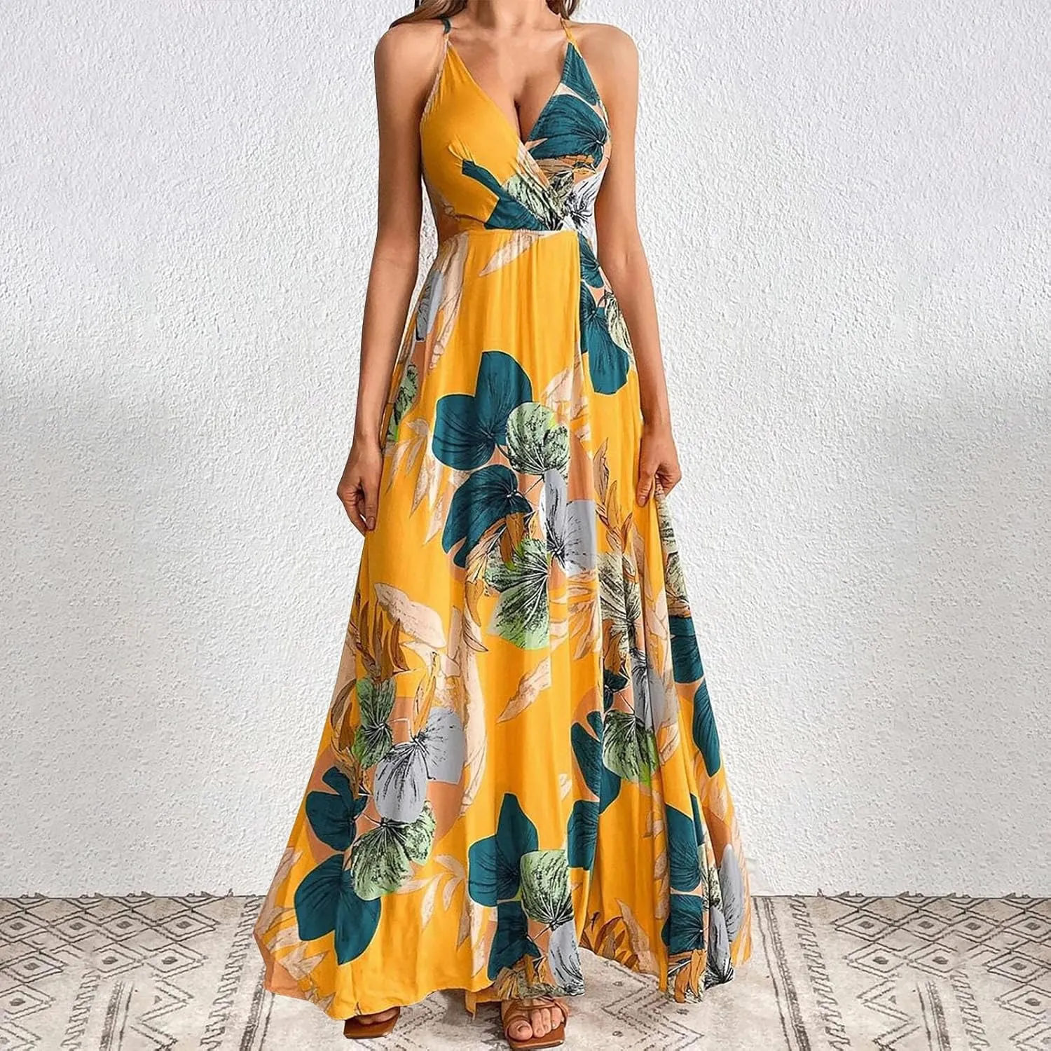 Womens Sexy Spaghetti Straps Maxi Dresses Beach Boho Dress Flowy Vocation Outfits 2025