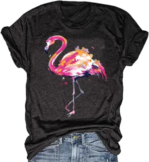 Women's Short Sleeve Round Neck Loose Cute Animal Flamingo Print Tee T-Shirt Top
