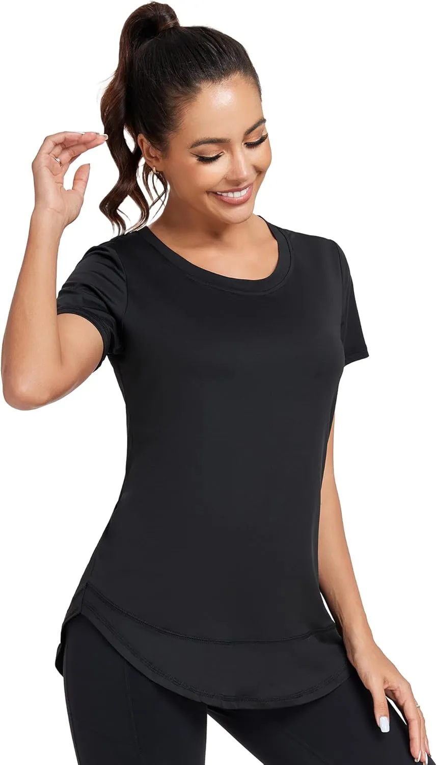 Women's Short Sleeve Workout Shirts Crewneck Sports Yoga Running Dry Fit Tops Side Split Tee