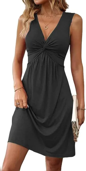 Women's Sleeveless Dress V Neck Twist Knot Tank Dresses Summer Sexy Elegant A Line Sundress Beach Party Dress