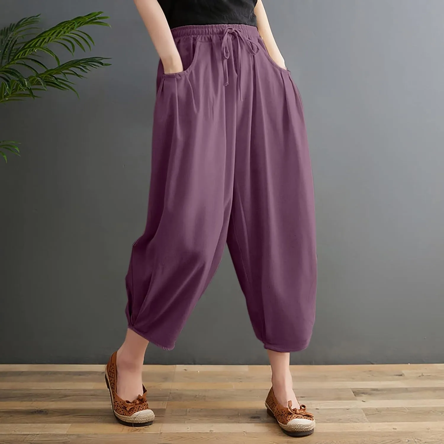 Womens Solid Color Capri Pants Casual Loose Drawstring Elastic Waist Cotton Linen Cropped Trousers Summer Thin Workout Pants