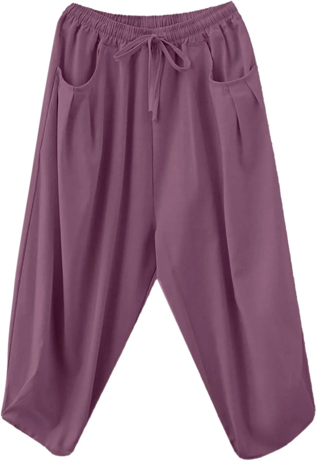 Womens Solid Color Capri Pants Casual Loose Drawstring Elastic Waist Cotton Linen Cropped Trousers Summer Thin Workout Pants