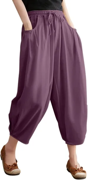 Womens Solid Color Capri Pants Casual Loose Drawstring Elastic Waist Cotton Linen Cropped Trousers Summer Thin Workout Pants