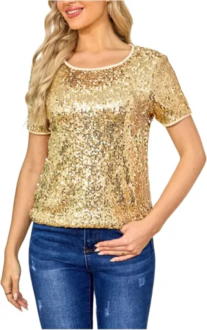 Women's Sparkly Sequin Top Blouse Glitter Cocktail Party Costume Tee-Shirt Glitzy Night Out T-Shirts