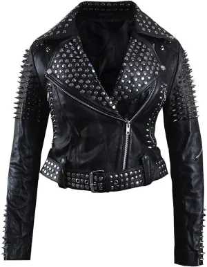 Womens Spikes Brando Biker Vintage Motorcycle Studded Black Leather Jacket
