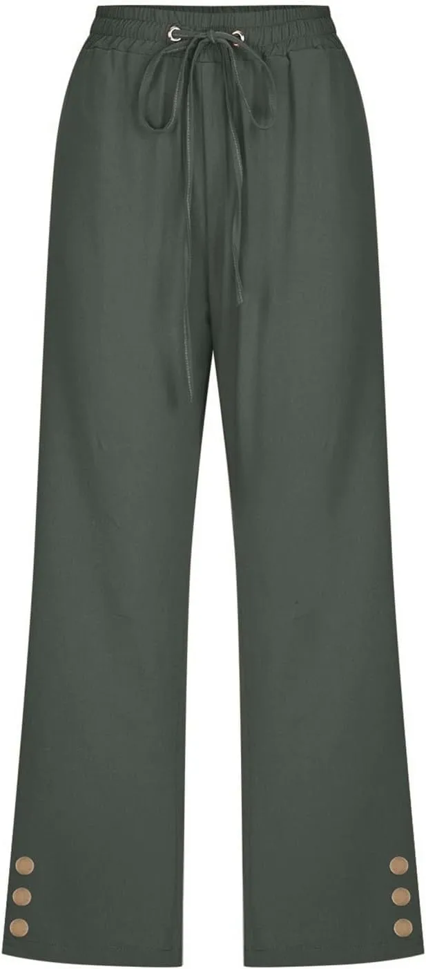 Womens Straight Leg Pants Drawstring Elastic Waist Button Fly Cropped Trousers Summer Beach Casual Loose Vacation Capri Pants