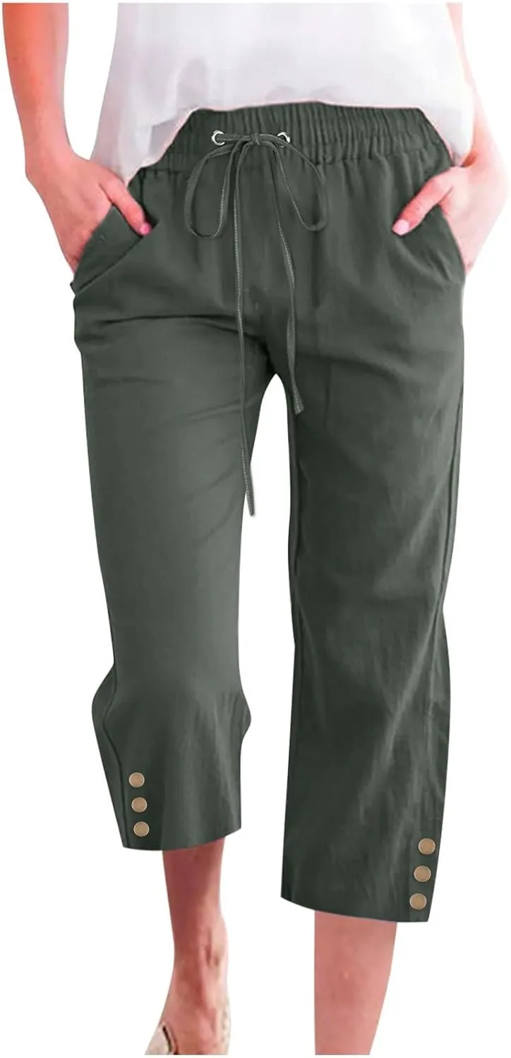Womens Straight Leg Pants Drawstring Elastic Waist Button Fly Cropped Trousers Summer Beach Casual Loose Vacation Capri Pants