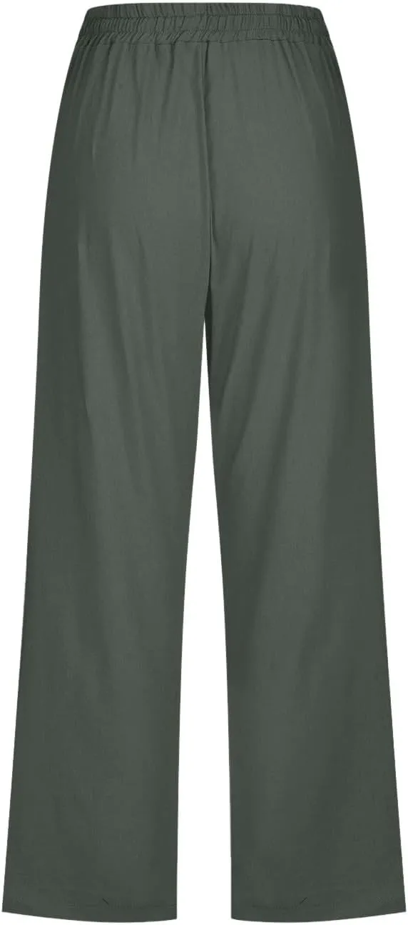 Womens Straight Leg Pants Drawstring Elastic Waist Button Fly Cropped Trousers Summer Beach Casual Loose Vacation Capri Pants
