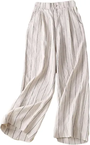 Womens Striped Cotton Linen Pants, Summer Lightweight Boho Slacks Wide Leg High Waisted Lounge Trousers with Pockets