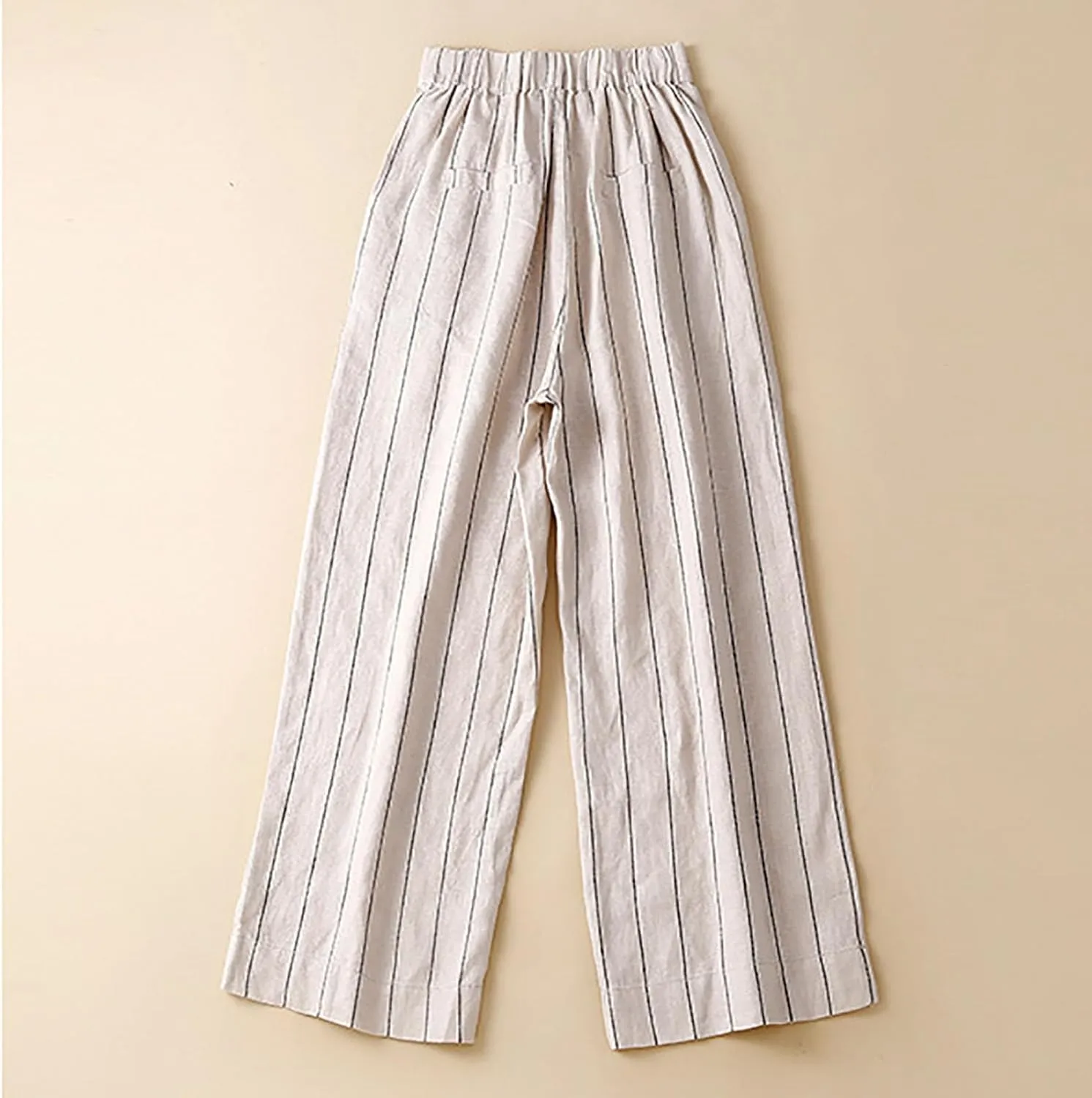 Womens Striped Cotton Linen Pants, Summer Lightweight Boho Slacks Wide Leg High Waisted Lounge Trousers with Pockets