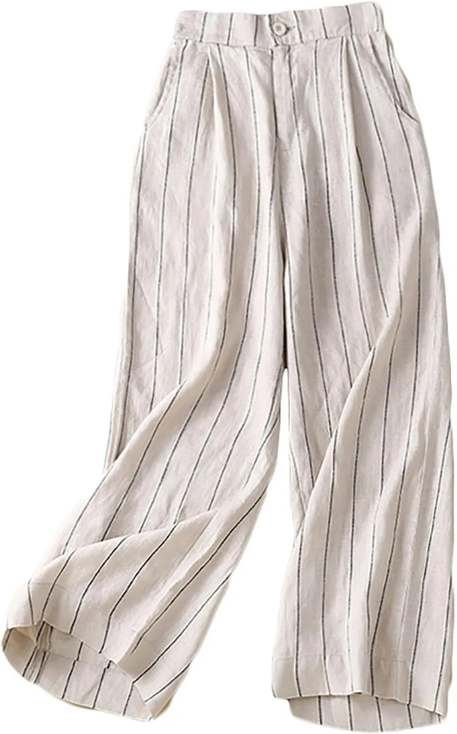 Womens Striped Cotton Linen Pants, Summer Lightweight Boho Slacks Wide Leg High Waisted Lounge Trousers with Pockets