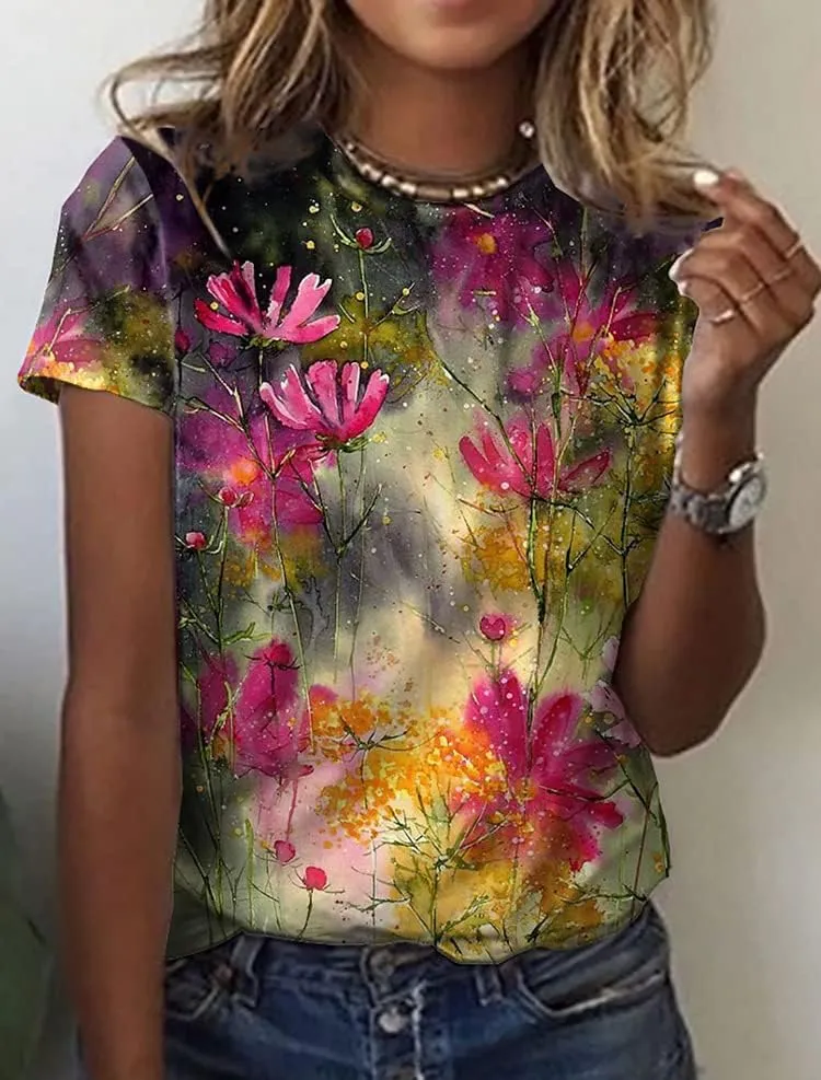 Womens Summer Casual Floral Tops Boho Flower Plant Print T Shirt Short Sleeve Crewneck Landscape Dandelion Tee