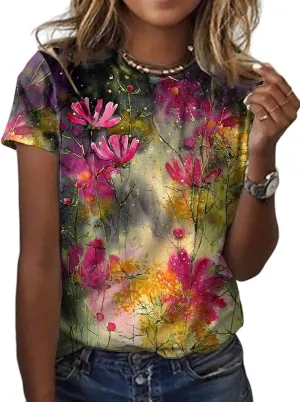 Womens Summer Casual Floral Tops Boho Flower Plant Print T Shirt Short Sleeve Crewneck Landscape Dandelion Tee