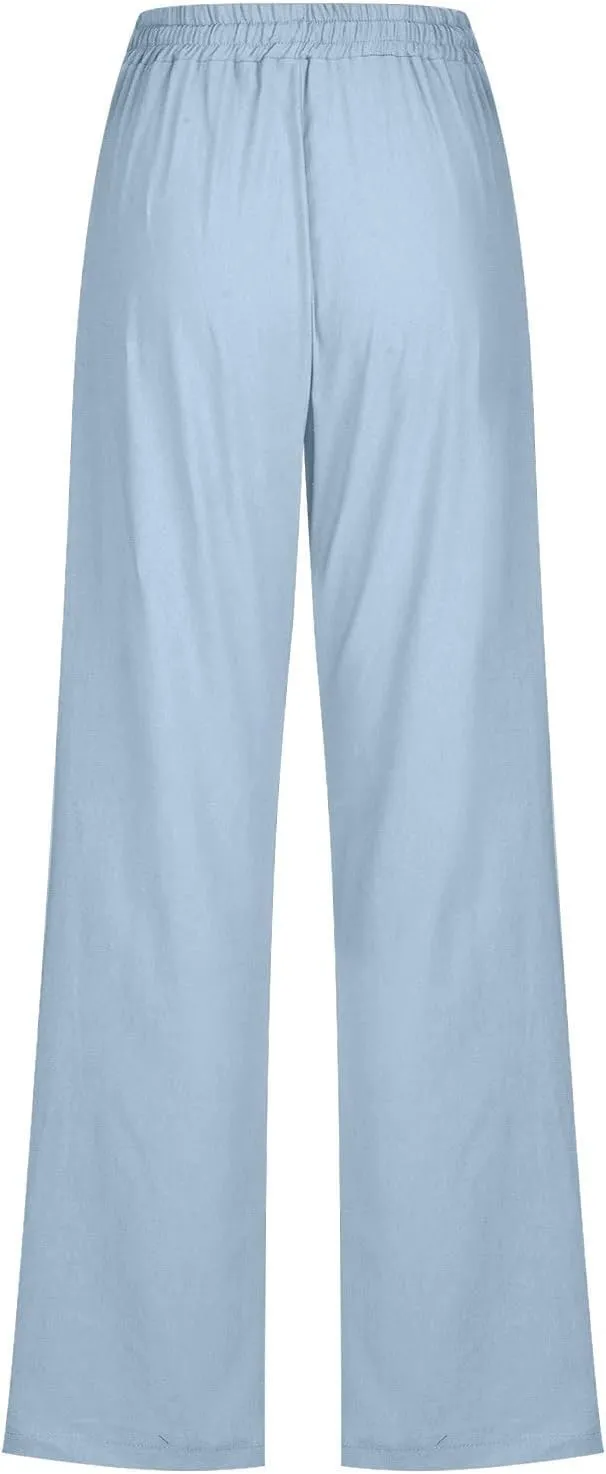 Women's Summer Drawstring Waist Wide Leg Trousers Fashion Solid Color Loose Cotton Linen Pants Casual Pockets Pants