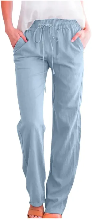 Women's Summer Drawstring Waist Wide Leg Trousers Fashion Solid Color Loose Cotton Linen Pants Casual Pockets Pants