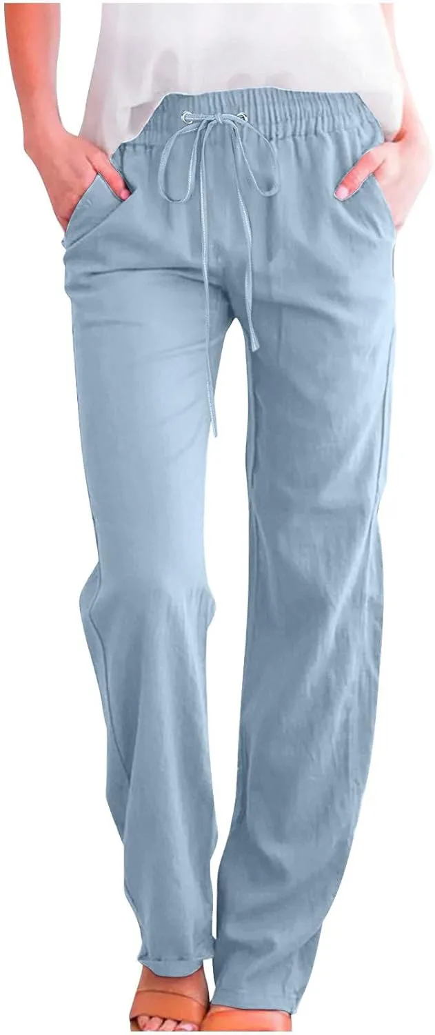 Women's Summer Drawstring Waist Wide Leg Trousers Fashion Solid Color Loose Cotton Linen Pants Casual Pockets Pants