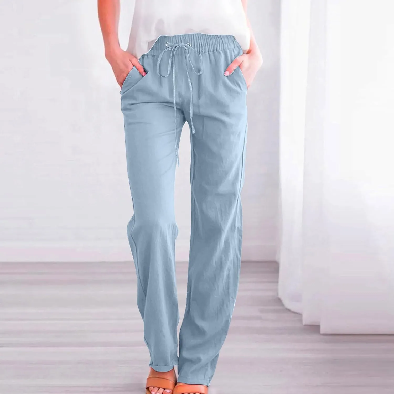 Women's Summer Drawstring Waist Wide Leg Trousers Fashion Solid Color Loose Cotton Linen Pants Casual Pockets Pants