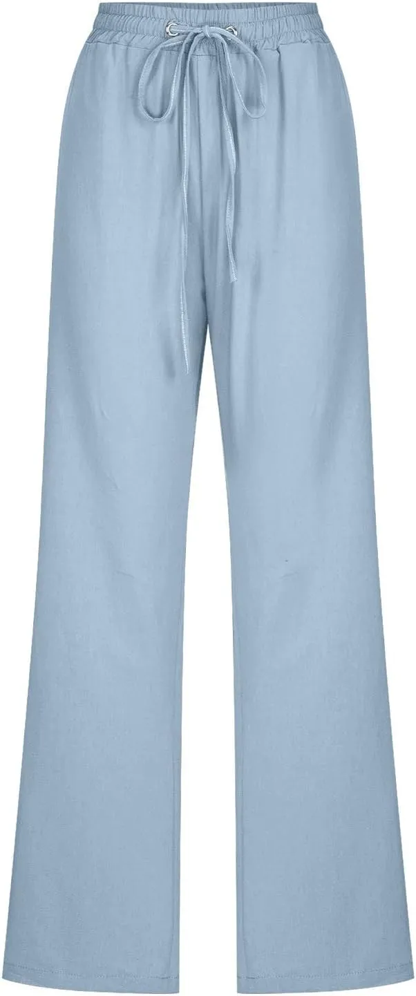 Women's Summer Drawstring Waist Wide Leg Trousers Fashion Solid Color Loose Cotton Linen Pants Casual Pockets Pants
