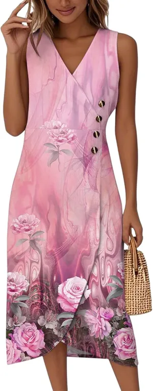 Womens Summer Dresses 2025 Dressy Casual Button V Neck Sleeveless Irregular Hem Long Dress Vacation Outfits