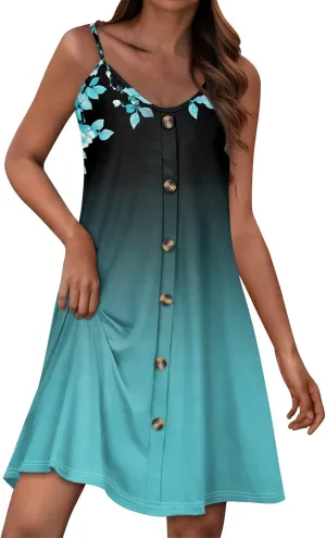 Womens Summer Dresses Beach Floral Sundresses Button Flowy Mini Dress Spaghetti Strap Casual Sleeveless a Line Dress