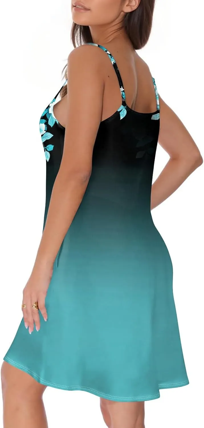 Womens Summer Dresses Beach Floral Sundresses Button Flowy Mini Dress Spaghetti Strap Casual Sleeveless a Line Dress