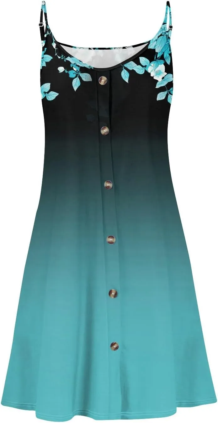 Womens Summer Dresses Beach Floral Sundresses Button Flowy Mini Dress Spaghetti Strap Casual Sleeveless a Line Dress