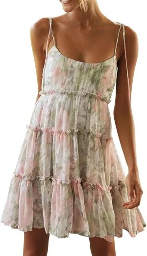 Womens Summer Floral Mini Dress Sexy Low-Cut Backless Flowy Cami Dress Adjustable Spaghetti Strap Boho Beach Dresses