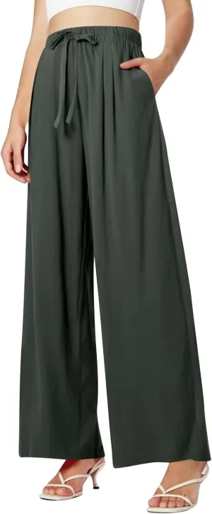Women's Summer Linen Palazzo Pants Wide Leg Drawstring Elastic High Waist Casual Loose Beach Travel Lounge Pants 2025