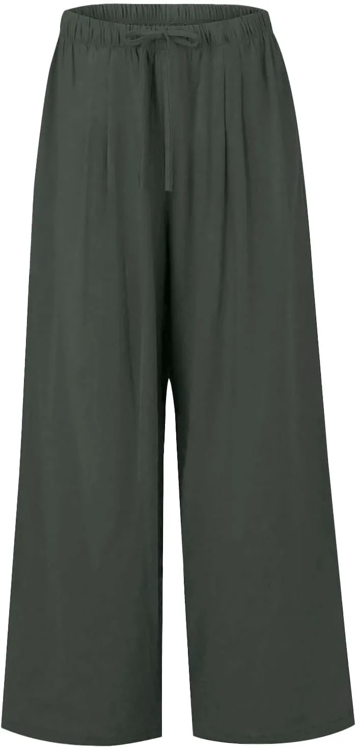 Women's Summer Linen Palazzo Pants Wide Leg Drawstring Elastic High Waist Casual Loose Beach Travel Lounge Pants 2025
