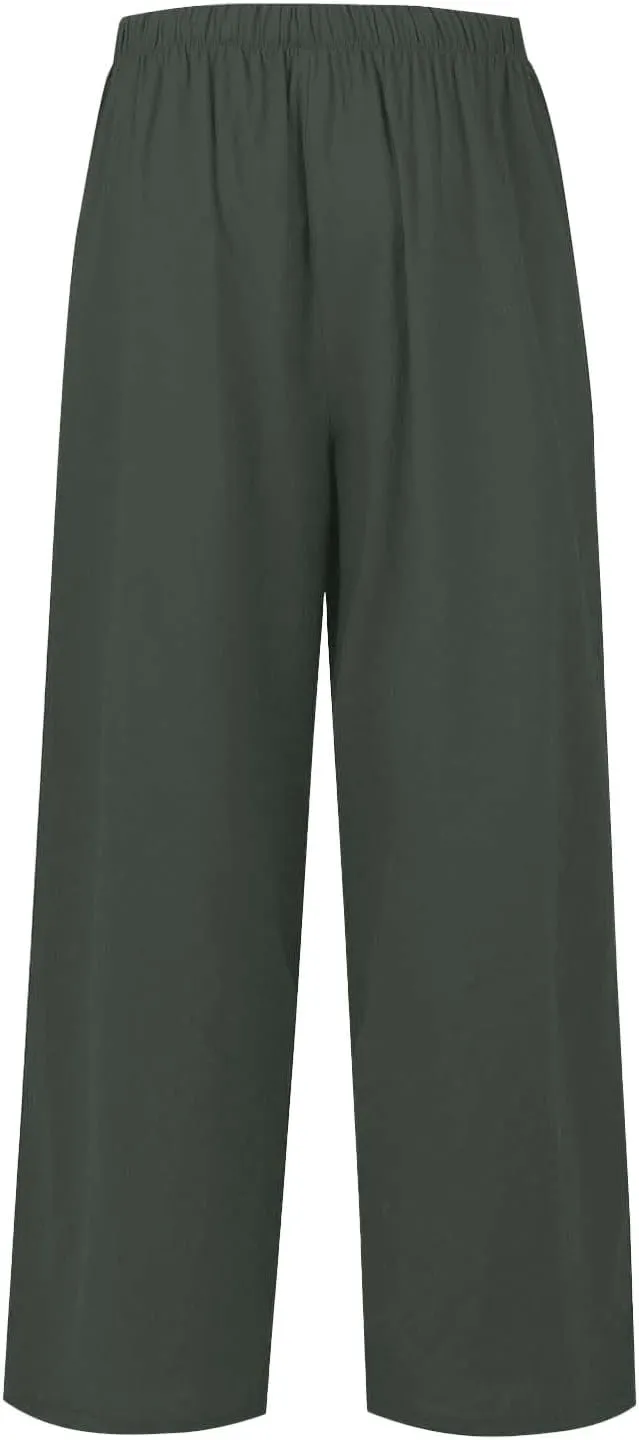 Women's Summer Linen Palazzo Pants Wide Leg Drawstring Elastic High Waist Casual Loose Beach Travel Lounge Pants 2025