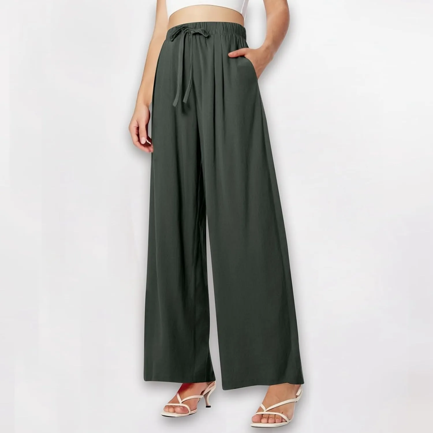 Women's Summer Linen Palazzo Pants Wide Leg Drawstring Elastic High Waist Casual Loose Beach Travel Lounge Pants 2025
