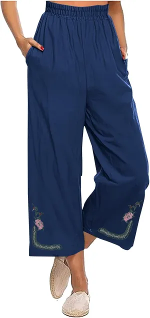 Womens Summer Linen Pants Pleated Boho High Waist Pant Floral Print Wide Leg Pants Palazzo Flowy Beach Pant Loose Fit