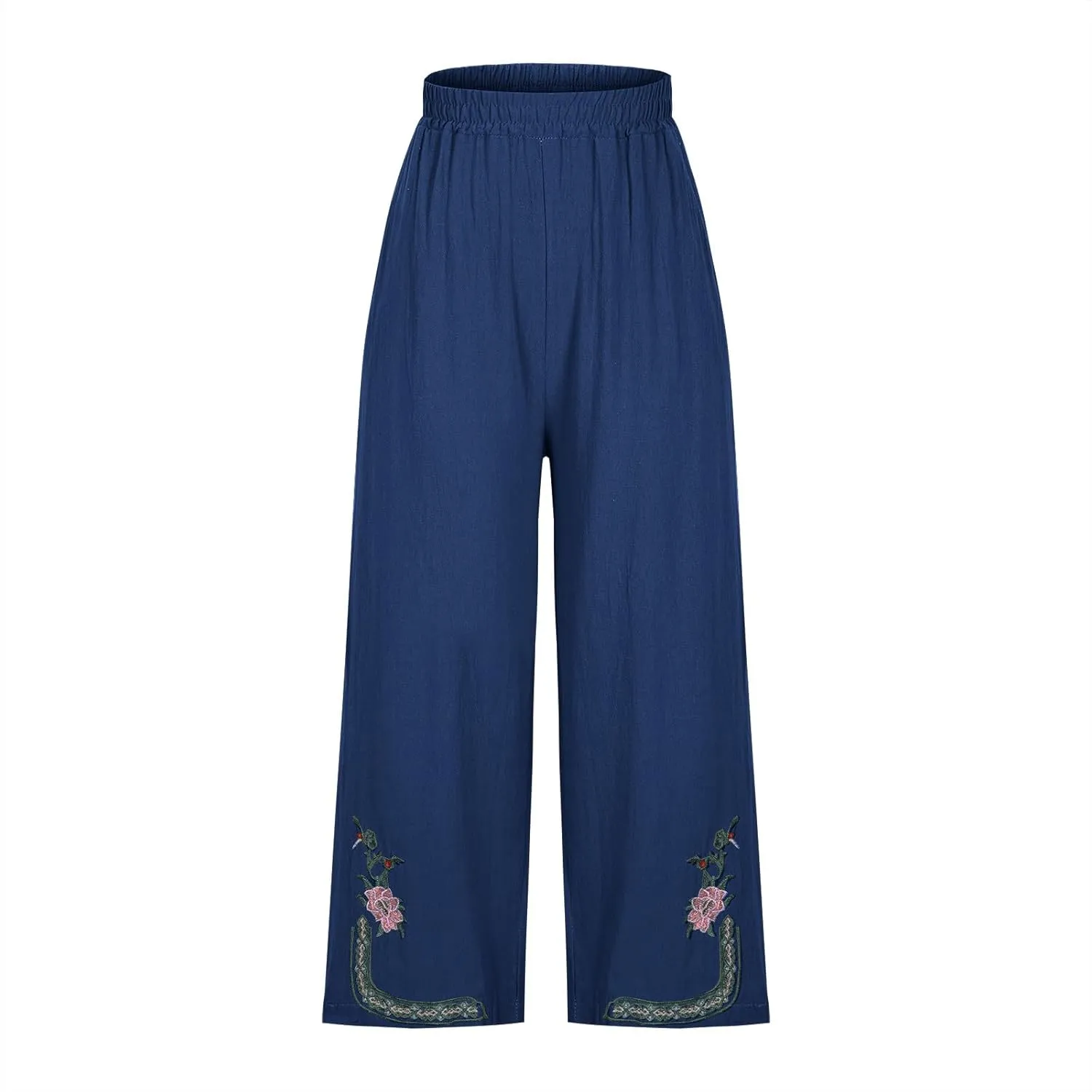 Womens Summer Linen Pants Pleated Boho High Waist Pant Floral Print Wide Leg Pants Palazzo Flowy Beach Pant Loose Fit