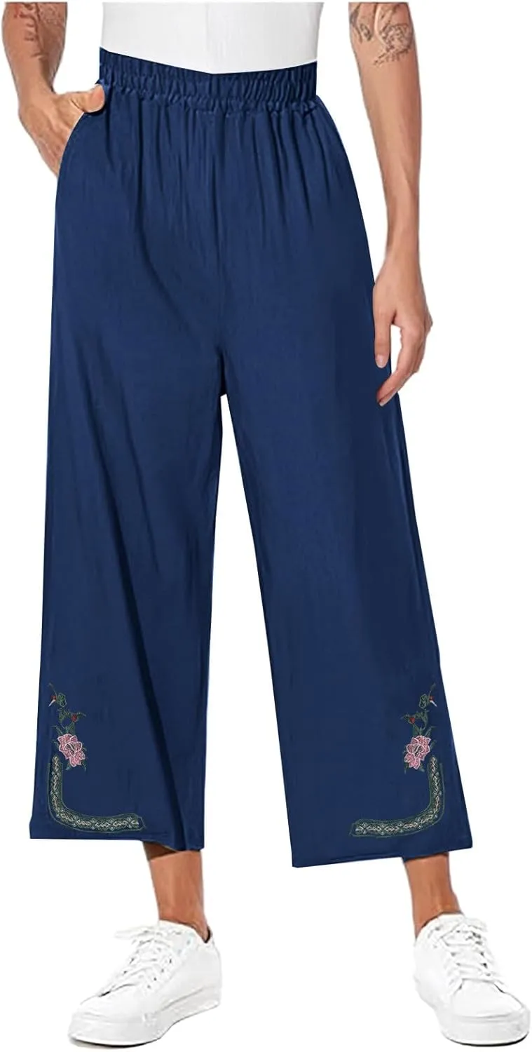 Womens Summer Linen Pants Pleated Boho High Waist Pant Floral Print Wide Leg Pants Palazzo Flowy Beach Pant Loose Fit