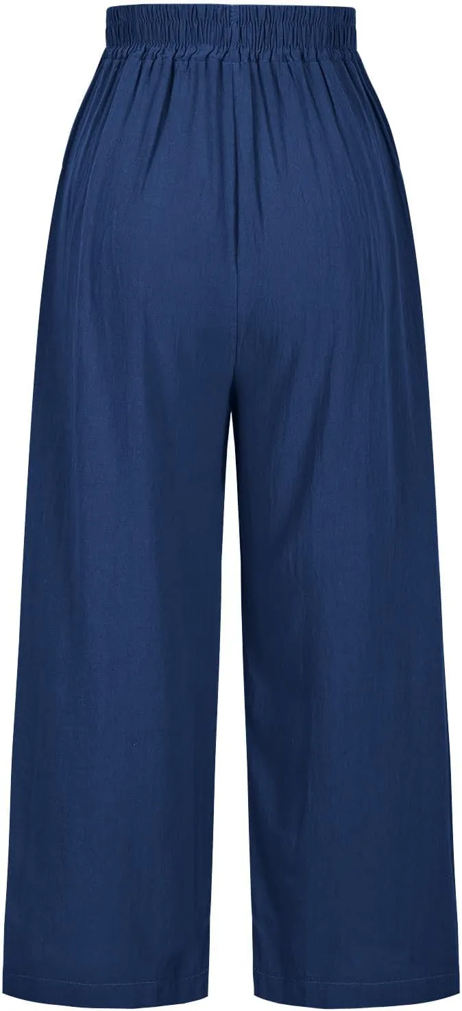 Womens Summer Linen Pants Pleated Boho High Waist Pant Floral Print Wide Leg Pants Palazzo Flowy Beach Pant Loose Fit
