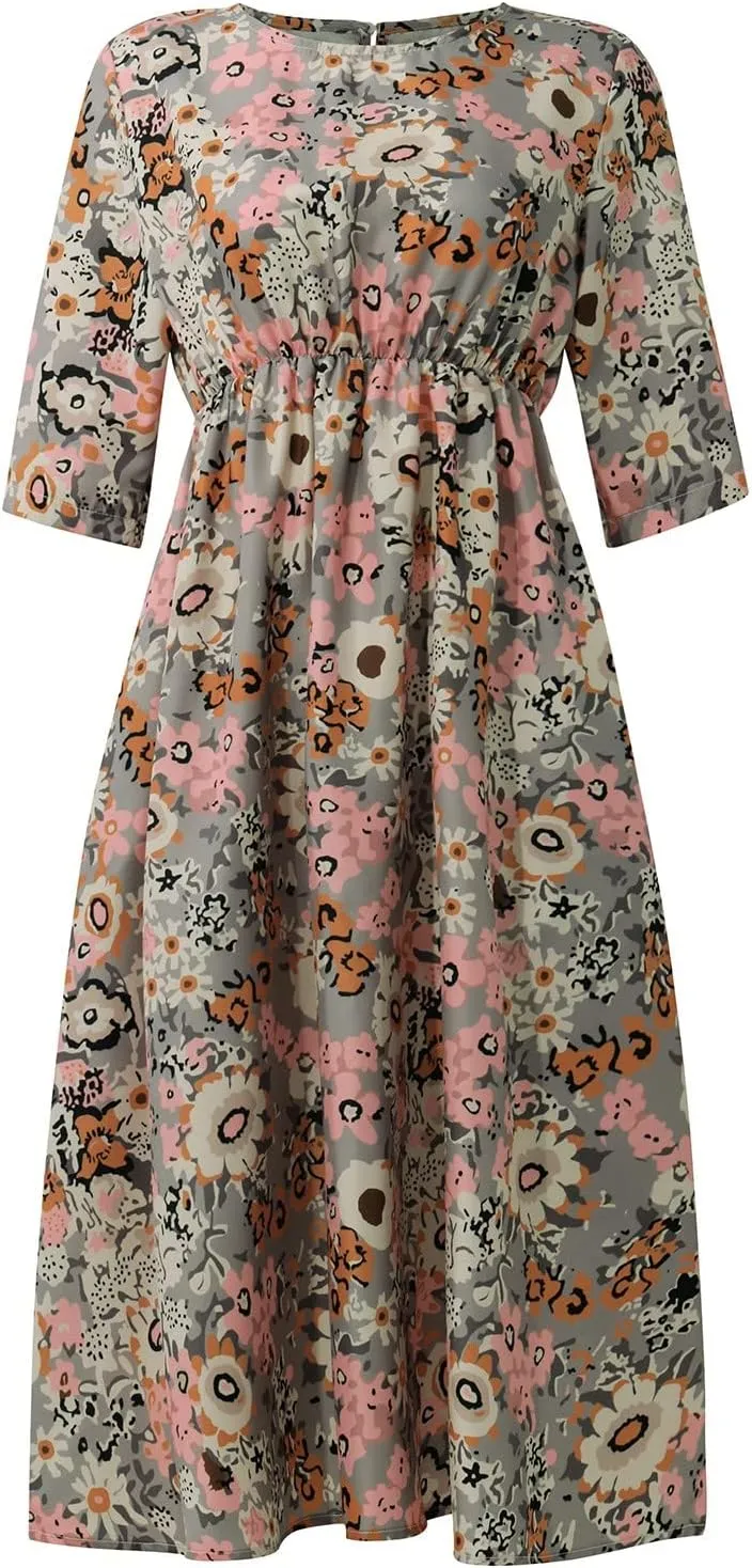 Women's Summer Maxi Dress 2025 Casual Short Sleeve Crewneck Flowy Swing Pleated Long Beach Dresses with Pockets