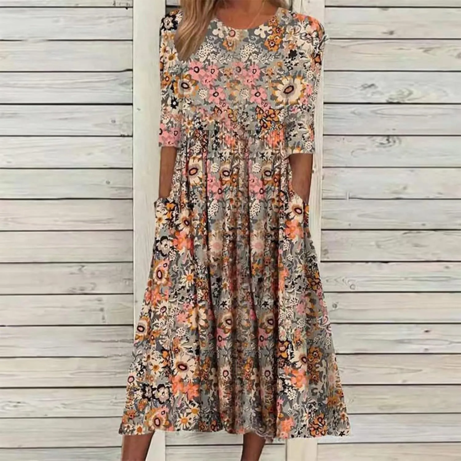 Women's Summer Maxi Dress 2025 Casual Short Sleeve Crewneck Flowy Swing Pleated Long Beach Dresses with Pockets