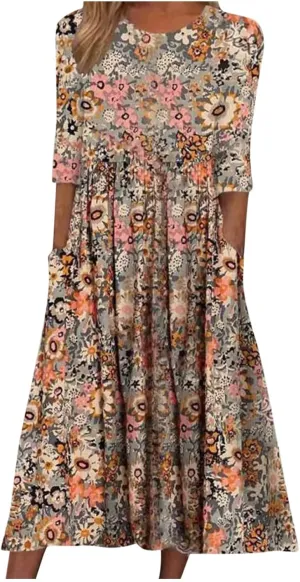 Women's Summer Maxi Dress 2025 Casual Short Sleeve Crewneck Flowy Swing Pleated Long Beach Dresses with Pockets
