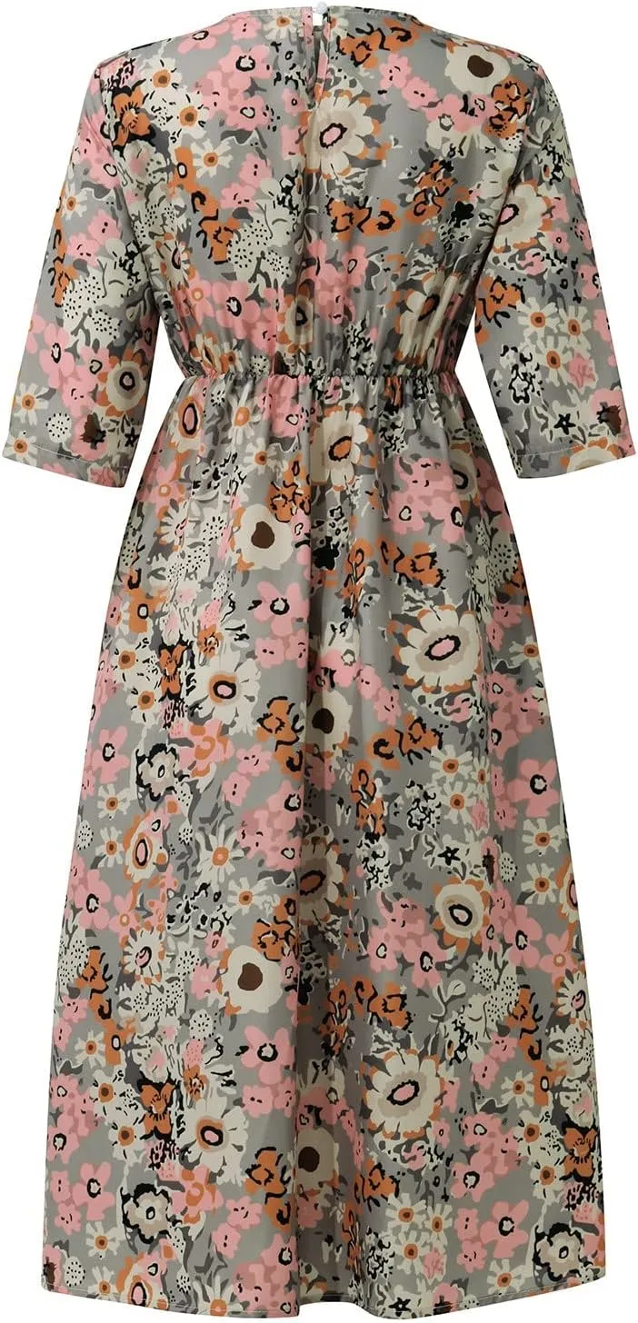 Women's Summer Maxi Dress 2025 Casual Short Sleeve Crewneck Flowy Swing Pleated Long Beach Dresses with Pockets