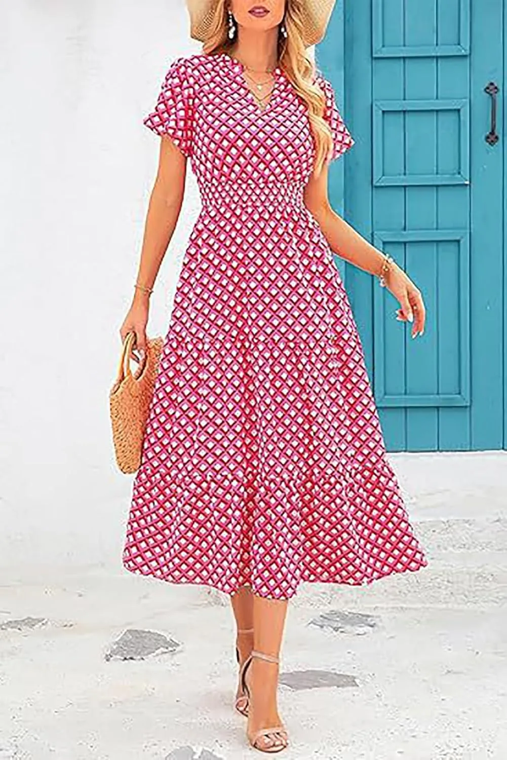 Womens Summer Maxi Dress Casual V Neck Puff Short Sleeve Smocked Ruffle Flowy Sundress Beach Boho Long Floral Dresses