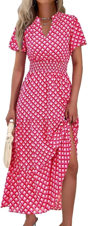 Womens Summer Maxi Dress Casual V Neck Puff Short Sleeve Smocked Ruffle Flowy Sundress Beach Boho Long Floral Dresses