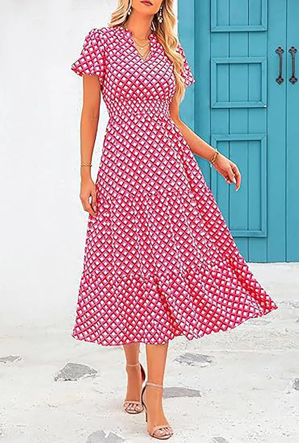 Womens Summer Maxi Dress Casual V Neck Puff Short Sleeve Smocked Ruffle Flowy Sundress Beach Boho Long Floral Dresses