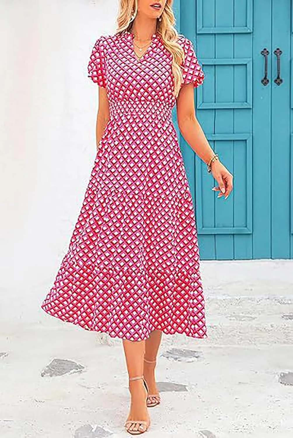 Womens Summer Maxi Dress Casual V Neck Puff Short Sleeve Smocked Ruffle Flowy Sundress Beach Boho Long Floral Dresses