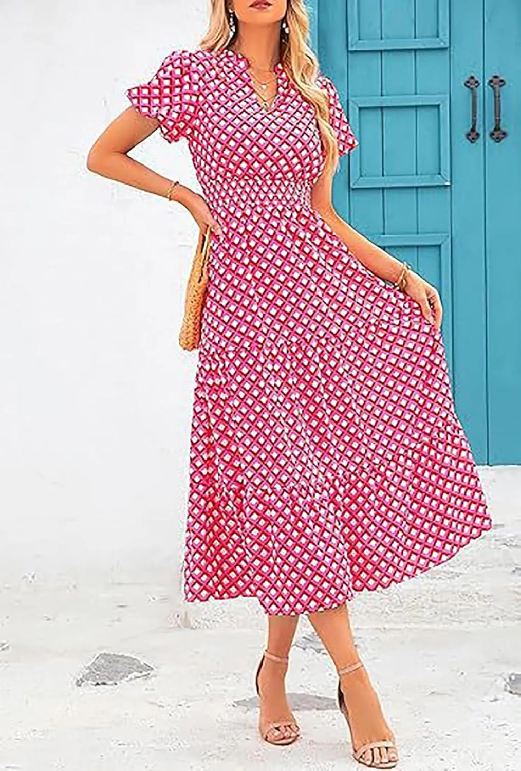 Womens Summer Maxi Dress Casual V Neck Puff Short Sleeve Smocked Ruffle Flowy Sundress Beach Boho Long Floral Dresses