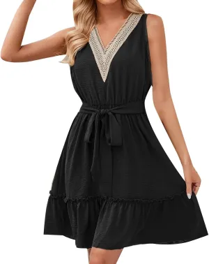 Womens Summer Mini Dress Loose Ruffle Deep V-Neck Backless Strap Casual Dress Solid Short Dresses with Belt