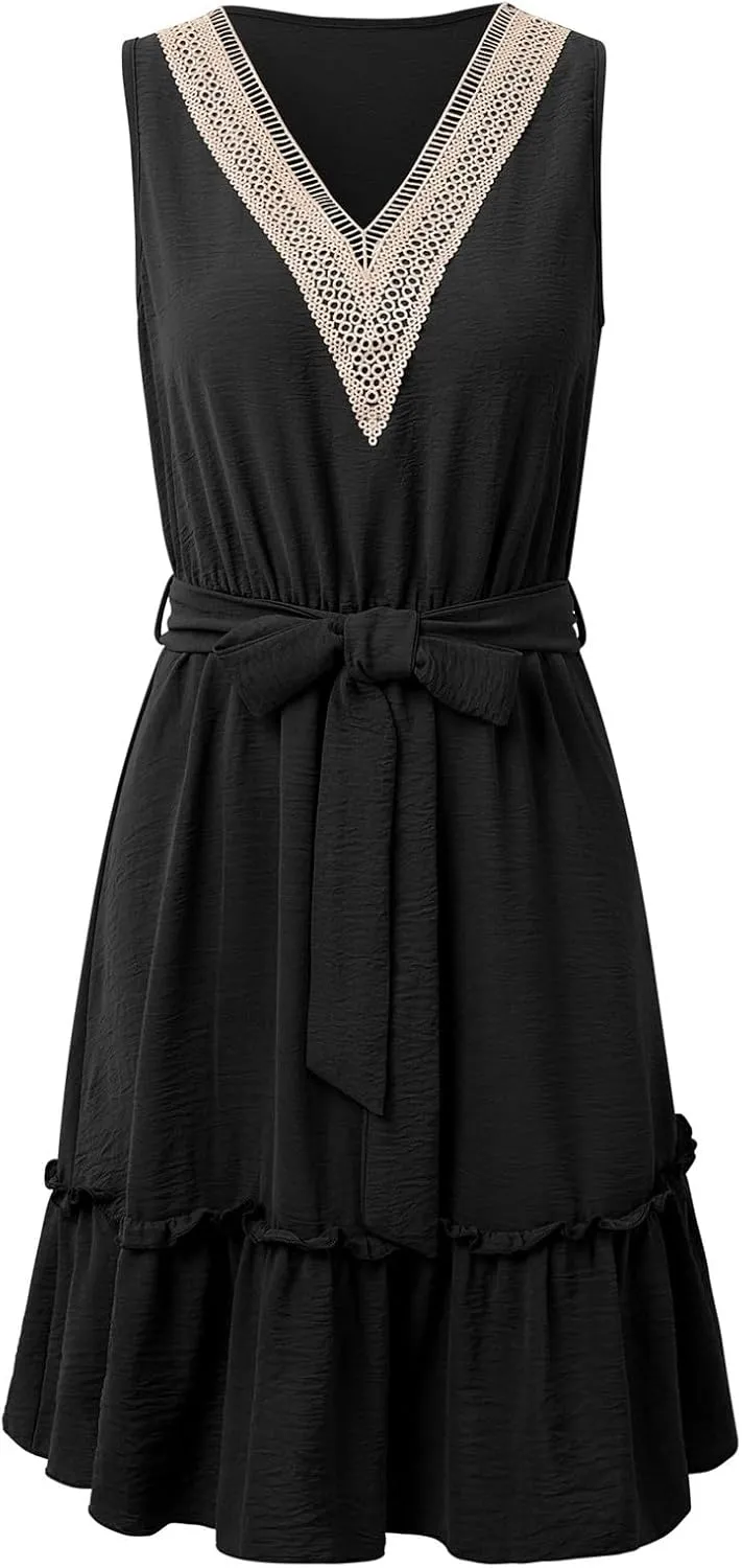 Womens Summer Mini Dress Loose Ruffle Deep V-Neck Backless Strap Casual Dress Solid Short Dresses with Belt