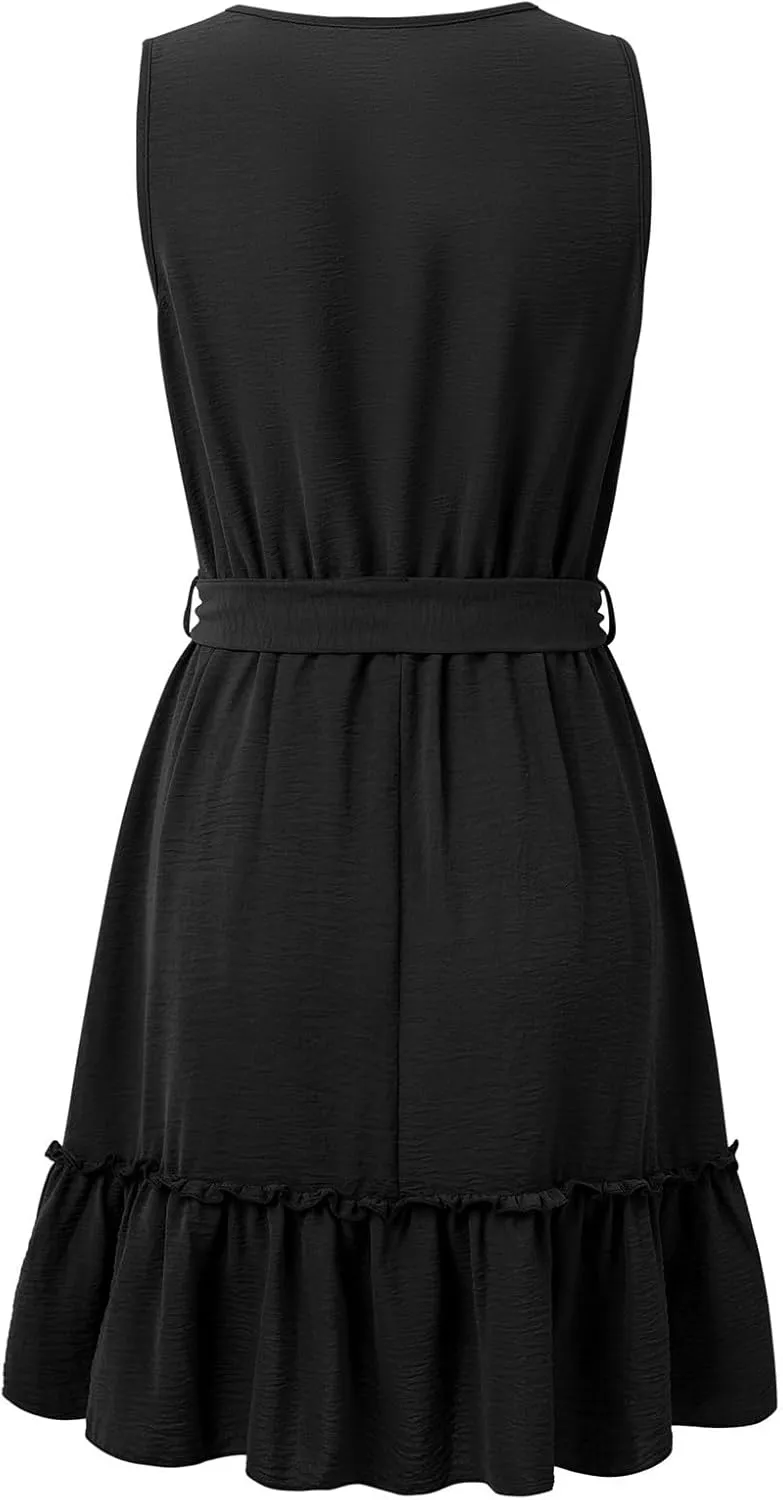 Womens Summer Mini Dress Loose Ruffle Deep V-Neck Backless Strap Casual Dress Solid Short Dresses with Belt