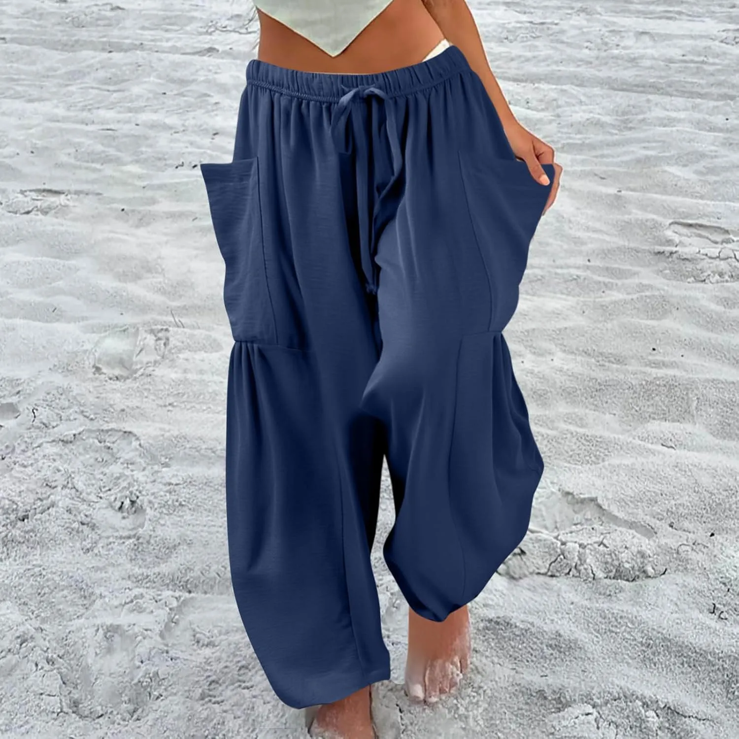 Womens Summer Pants High Waisted Drawstring Pants Wide Leg Casual Loose Baggy Beach Palazzo Trousers with Pockets
