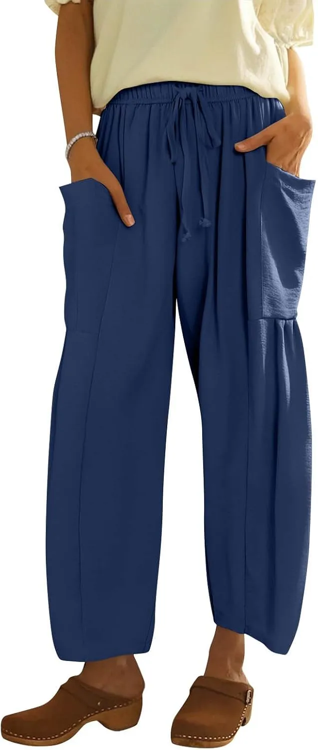 Womens Summer Pants High Waisted Drawstring Pants Wide Leg Casual Loose Baggy Beach Palazzo Trousers with Pockets